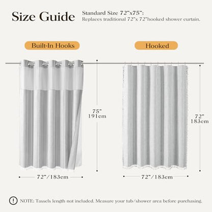 Grey Ringless Boho Striped Tassel Shower Curtain with Snap Liner 72x75 | Heavy Duty Linen Blend, 3 in 1 Shower Curtain Set, Farmhouse Style, Waterproof & Washable, Mesh Top Window, Easy to Install - color: Grey, size: 72"W x 75"L (Pack of 1)