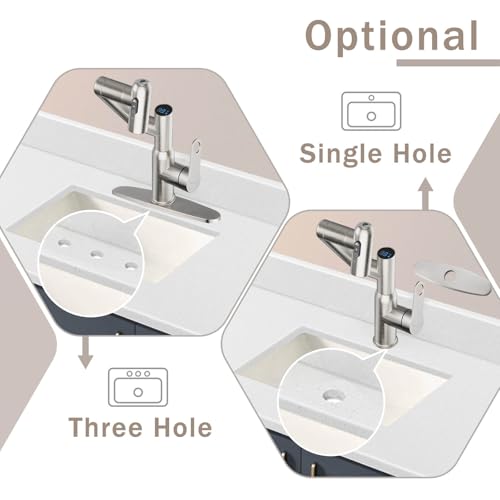 Rotatable Bath Faucet with Temp Display in Celsius, Single Hole Brushed Nickel and 3 Outlet Modes Faucet, Battery-Free - color: Brushed Nickel