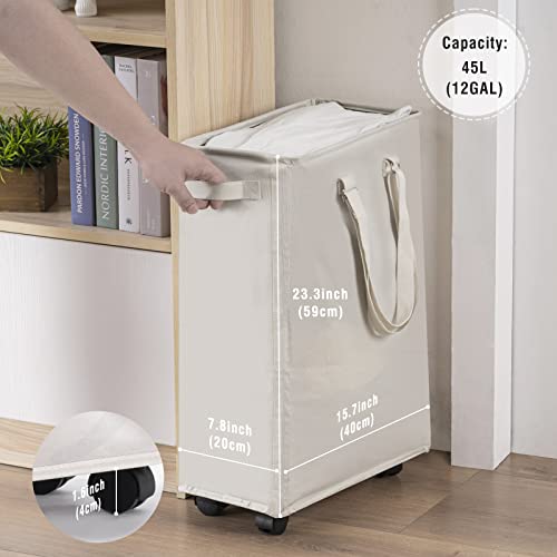 45L Slim Rolling Laundry Basket with Wheel & Adjustable Long Handles, Beige | Small Laundry Baskets with Mesh Top, Narrow Dirty Clothes Hamper for Bedroom, Closet, and Bathroom - color: Beige - Rolling, size: 45L