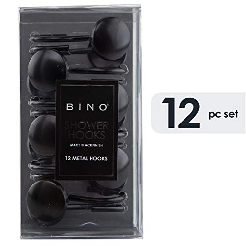 BINO | Shower Curtain Hooks - Matte Black- Set of 12 | Hooks Shower Curtain | Shower Curtain Rings Hooks | Rust Proof Shower Curtain Hooks | Bathroom Shower Hooks for Curtain | Bathroom Essentials - color: Matte Black