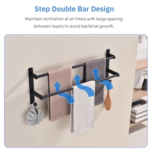 Matte Black Double Towel Rack with Hooks for Bathroom, 24 Inch Stainless Steel Wall Mounted Towel Bar Holder - color: Matte Black, size: 24-Inch