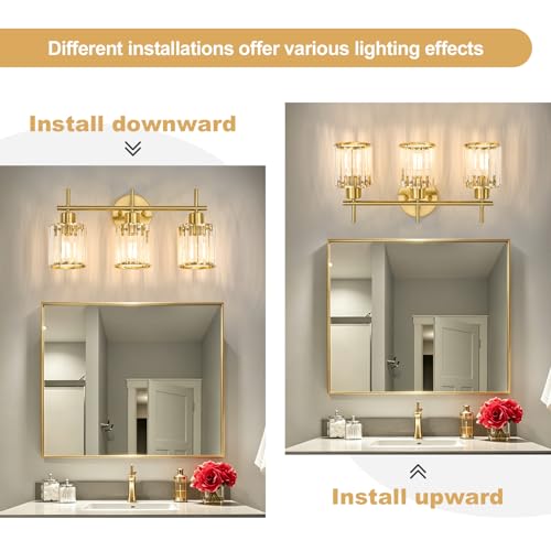 Brushed Gold Bathroom Light Fixtures, Round, 3-Light | Vanity Lights with Crystal Shades, Modern Bathroom Lighting Fixtures over Mirror (Bulbs Not Included, E26) - color: Brushed Gold (Round), size: 3-Light