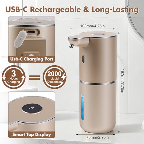 Automatic Soap Dispenser, Hand Soap Dispenser 12.8oz/380ml Smart Rechargeable, Liquid Soap Dispensers with 6-Level Touchless, Wall Mounted or Countertop Dish Soap Dispensing for Bathroom & Kitchen - color: Gold