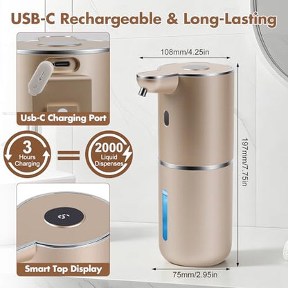 Automatic Soap Dispenser, Hand Soap Dispenser 12.8oz/380ml Smart Rechargeable, Liquid Soap Dispensers with 6-Level Touchless, Wall Mounted or Countertop Dish Soap Dispensing for Bathroom & Kitchen - color: Gold