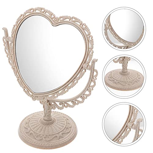 AKOAK Heart-Shaped Cosmetic Mirror - Plastic, Double-Sided, Rotatable, Lightweight Tabletop Makeup Mirror for Bathroom & Bedroom (Beige) | Plastic, Double-Sided, Rotatable, Lightweight Tabletop - color: Beige