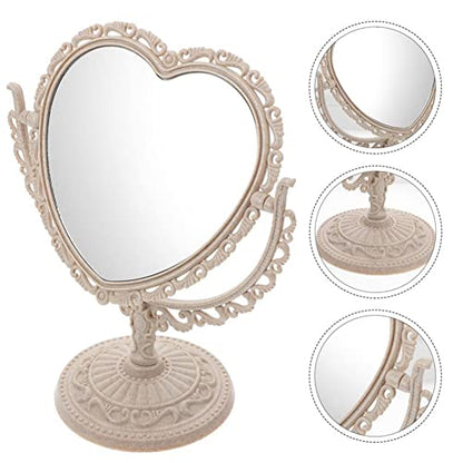 AKOAK Heart-Shaped Cosmetic Mirror - Plastic, Double-Sided, Rotatable, Lightweight Tabletop Makeup Mirror for Bathroom & Bedroom (Beige) | Plastic, Double-Sided, Rotatable, Lightweight Tabletop - color: Beige