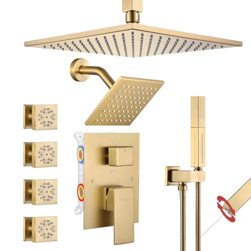 VANFOXLE Shower System, Brushed Gold Shower Faucet Set, Four Modes | 10 Inch Ceiling Mount Head Increased Thick, 6 Inch Second Head, 2-in-1 Handheld Combo, 4 PCS Dual Mode Body Jets, Brass Valve - color: Brushed Gold