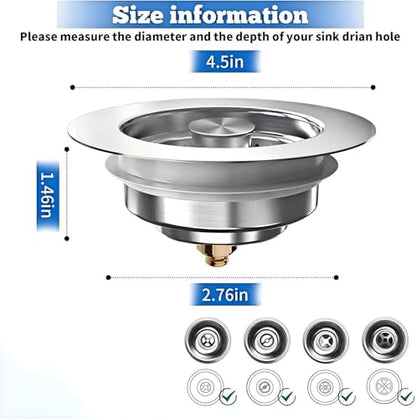 Kitchen Sink Drain Strainer Stopper,Fits 3-1/2 Inch | 3-in-1 pop-up sink stopper catches food scraps,holds water,and helps seal the drain,2 Pack