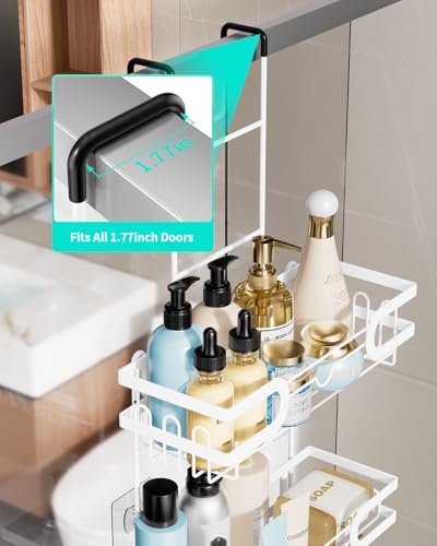 HapiRm Shower Caddy Over Door- Hanging Shower Organizer with 14 Hooks and Soap Holder, Rustproof & Waterproof Stainless Steel Bathroom Shelf - White - color: White