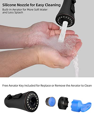 Hibbent Pull Down Kitchen Faucet Head Replacement, 3-Function NSF/ANSI/CAN 61 & CUPC Certified Sink Spray Nozzle, 15 Adapters, Compatible with Moen, Delta, Kohler Faucets, Oil-Rubbed Bronze - color: Oil Rubbed Bronze, style: Stay on sprayer without hold b