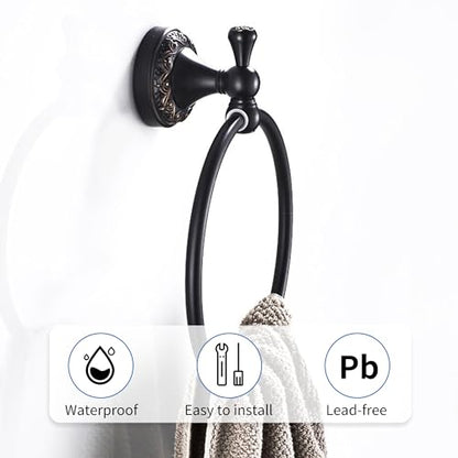 Oil Rubble Bronze Brass Bath Towel Ring, Wall Mounted Black Bathroom Hardware Accessories, Pattern Carving Design - color: Towel Ring
