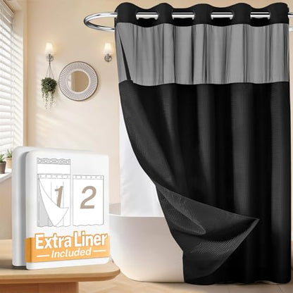 River Dream No Hooks Shower Curtain with 2 Snap in Liner, Black, 71Wx74H | Waffle Weave, 1 Attached Snap in Liner and 1 Extra Replacement Liner, Bathroom Curtains Shower Set, Hotel Grade, Spa Like - color: Black