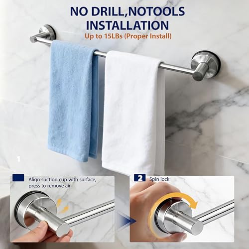 Towel Racks for Bathroom Suction Cup Towel Bar 14.6-24in Adjustable | No Drill Bathroom Towel Holder, Stainless Steel Construction, Heavy Duty Wall Mounted (silver) - color: Silver