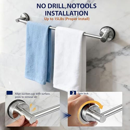 Towel Racks for Bathroom Suction Cup Towel Bar 14.6-24in Adjustable | No Drill Bathroom Towel Holder, Stainless Steel Construction, Heavy Duty Wall Mounted (silver) - color: Silver
