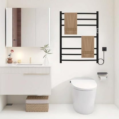 Electric Stainless Steel Warmer Rack Heated Towel Rack with 2 Hooks, Build-in Timer Temperature Adjustable Plug-in/Hardwired Hooks Hot Towel Rack for Bathroom Spa Gym Hotel (Black, 7-Bar) - color: Black, size: 7-Bar