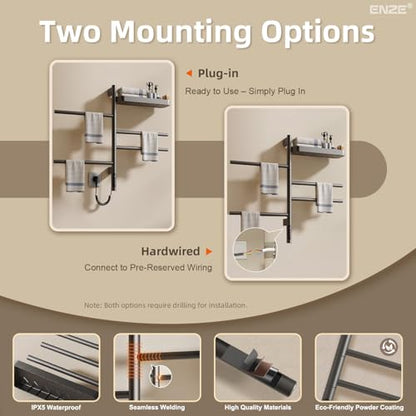 ENZE Smart Rotating Heated Towel Rack, 4-Bar, Gray | Wall-Mounted Electric Towel Warmer Rack, Swivel Shelf, Wi-Fi App Control, 24H Timer, Stainless Steel - color: Gray 17.72"x26.77"