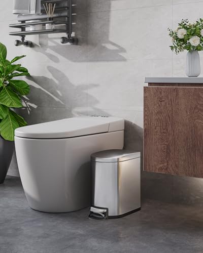 Garvee 1.6 gal / 6 L Stainless Steel Bathroom Trash Can with Lid, Slim Waterproof Garbage Can for Bedroom, Small Step-on Metal Trash Bin with Inner Bucket, Rear Handle, Soft Close Lid, Silver - color: Silver, size: 1.6 Gallons