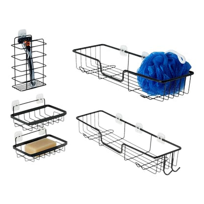 Amazon Basics Shower Shelves Organizer，5-Piece Stainless Steel Caddy Set with Soap Holder and Brush Holder, Adhesive Mount, Black | Pack of 5 Adhesive - size: Set of 5