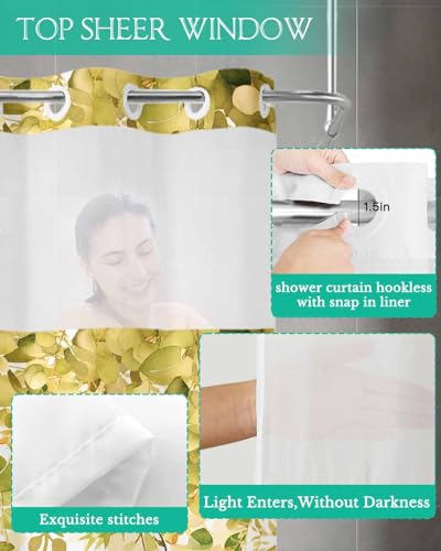 No Hook Shower Curtain and Snap in Liner Set, Yellow Eucalyptus Fabric Bathroom Stall Shower Curtains 36x72, See Through Mesh Top Window, Spring Summer Botanical Floral Leaves Country Hotel Style - color: Yellow, size: 36"W x 72"L (Pack of 1)
