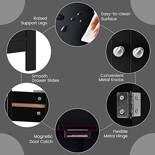 COSTWAY Bathroom Floor Cabinet, Wooden Side Storage Organizer w/Larger Drawer, Adjustable Shelf & 2-Door Cupboard, Freestanding Storage Cabinet for Living Room, Kitchen, Entryway (Black) | Larger Drawer, Adjustable Shelf & 2-Door Cupboard, Freestanding St