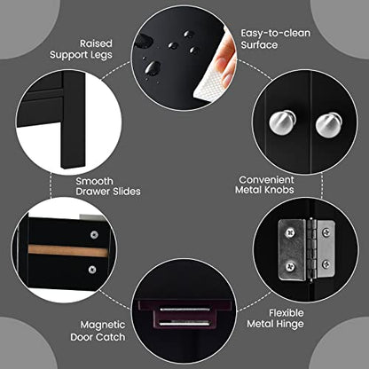 COSTWAY Bathroom Floor Cabinet, Wooden Side Storage Organizer w/Larger Drawer, Adjustable Shelf & 2-Door Cupboard, Freestanding Storage Cabinet for Living Room, Kitchen, Entryway (Black) | Larger Drawer, Adjustable Shelf & 2-Door Cupboard, Freestanding St