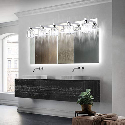 Aipsun Crystal Bathroom Vanity Light Stainless Steel Modern Vanity Light 5 Lights Crystal Bathroom Vanity Light Fixtures (Exclude Bulb) - color: Chrome (Round), size: 40 inch