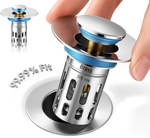 (All Metal) Bathroom Sink Stopper, Pop Up Drain Strainer for Bathroom Sink, Sink Plug Hair Catcher, Silent Popper Core w/Removable Filter Basket,Fit 1.05~2.0''Basin (Chrome, 1 Pack) - color: Chrome, size: 1 Pack