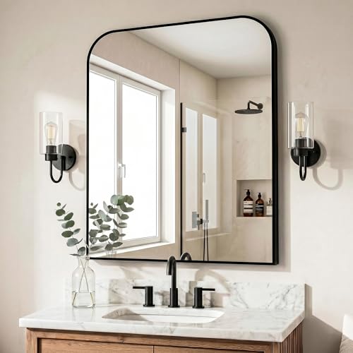 Black Bathroom Vanity Mirror 36x30 Inch | Metal Framed Bathroom Mirror for over Sink, Living Room, Bedroom, Entryway, Mantel, Fireplace Decor, Wall Mounted - size: 36"L x 30"W