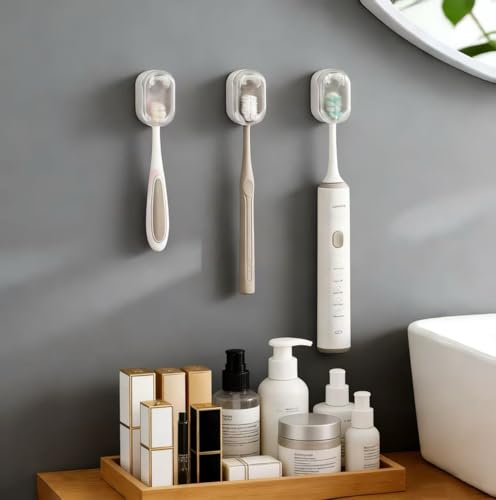 3 Pack Toothbrush Holder, Auto-Flip Cover & Dustproof (White) | Wall Mount Toothbrush Organizer, Detachable Design, Fits Manual & Sonic Brushes, Bathroom Storage for Family & Travel - color: White 3pcs