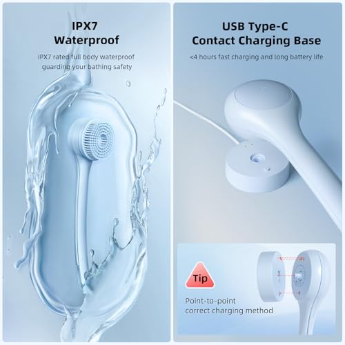 Electric Body Brush, Back Scrubber for Shower with Long Dual Handle, Waterproof Power Shower Brush with 3 Interchangeable Heads & 2 Speeds for Cleansing, Exfoliating and Massage, Sky Blue - color: Sky Blue