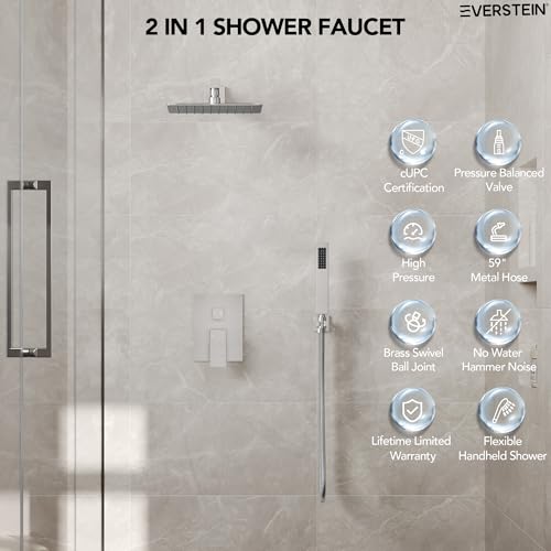 10" High-Pressure Rainfall Shower System with Handheld Spray, Wall Mount Bathroom Shower Faucet Set with Valve (Brushed Nickel) - color: Brushed Nickel
