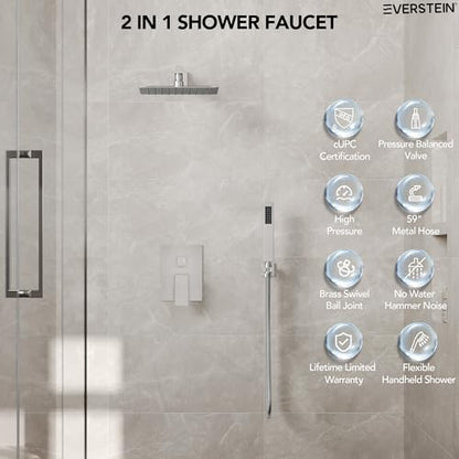 10" High-Pressure Rainfall Shower System with Handheld Spray, Wall Mount Bathroom Shower Faucet Set with Valve (Brushed Nickel) - color: Brushed Nickel