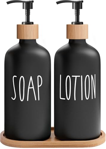 MOMEEMO Black Soap Dispenser Bathroom Set | Hand Soap and Lotion Set Suitable for Bathroom Decor - color: Sl Black & Tray