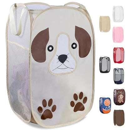 Pop Up Laundry Hamper, Cute Puppy 71L Collapsible Mesh Basket with Handles | Breathable Foldable Clothes Basket, Reinforced Handles, Side Pocket - for Dorm, Travel, Kids Room, Bedroom - Handy Laundry - color: Puppy