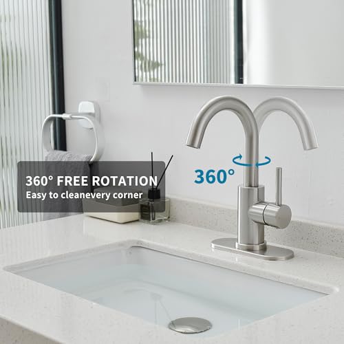 Bathroom Faucet, Single Hole Bathroom Sink Faucet | Single Handle Vanity Faucet with Deck Plate, 360° Swivel Stainless Steel for RV, Bar Sink, Lavatory - color: Brushed Nickel, style: Rotatable