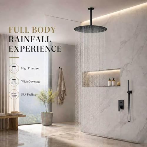 16 Inch Rainfall Shower Head, BSTIIU Stainless Steel Round Shower Head, Extra Large Ceiling Mount Shower Head, Matte Black - color: Matte Black, size: 16-Inches, style: Round