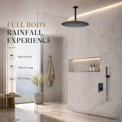 16 Inch Rainfall Shower Head, BSTIIU Stainless Steel Round Shower Head, Extra Large Ceiling Mount Shower Head, Matte Black - color: Matte Black, size: 16-Inches, style: Round