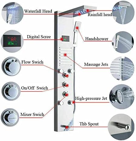 Brushed Nickel LED Rainfall Shower Panel Tower Faucet Massage Suit Body Jets