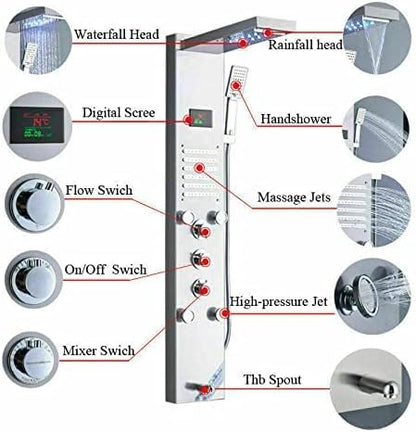 Brushed Nickel LED Rainfall Shower Panel Tower Faucet Massage Suit Body Jets
