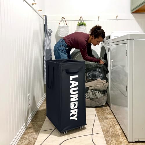CHICVITA 75L Slim Rolling Laundry Basket with Wheels & Wash Bag, Black | Carry handle for easy moving to laundry room. Removable wash bag, slim design fits tight spaces - color: Black, size: 75L (15.7"L x 11.8"W x 24.8"H)