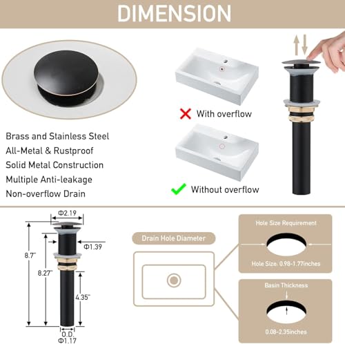 AVSIILE Matte Black Bathroom Sink Drain Without Overflow Vessel Sink Lavatory Vanity Pop Up Drain Stopper, All Metal Rustproof Brass and 304 Stainless Steel - color: Matte Black, style: Non-overflow