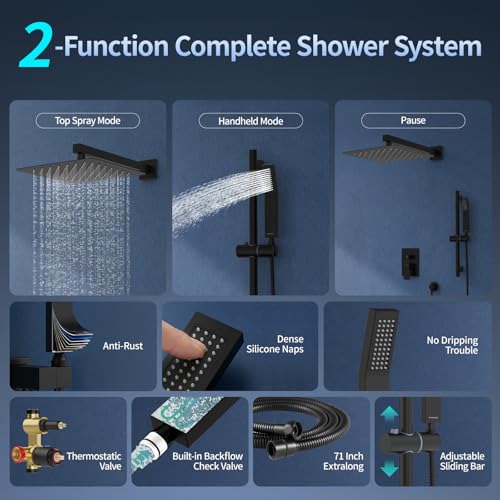 SR SUN RISE 12 Inch Square Shower System with Slide Bar,Matte Black | Rain Head and Handle System,16" Adjustable Shower Slide Bar,Soild Brass,Wall Mount,Included Valve and Trim Kit - color: Matte Black, size: 12 Inch