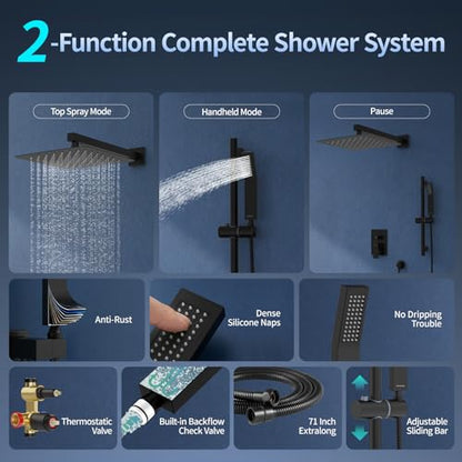 SR SUN RISE 12 Inch Square Shower System with Slide Bar,Matte Black | Rain Head and Handle System,16" Adjustable Shower Slide Bar,Soild Brass,Wall Mount,Included Valve and Trim Kit - color: Matte Black, size: 12 Inch