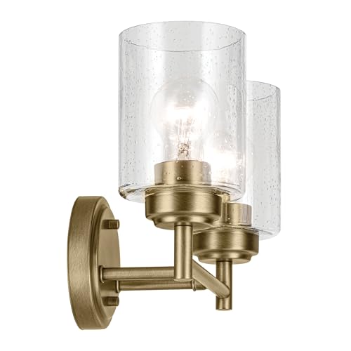 Kichler Winslow 2-Light Farmhouse Vanity Light, Natural Brass | Clear seeded glass vanity light with industrial styling (13" x 9.25" x 6.5"), 45885NBR - color: Natural Brass, size: 13"