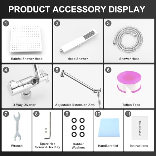 All Metal 10 Inch Rain Shower Head with Handheld Spray Combo, High Pressure Waterfall Rainfall Square Shower Heads with 16" Adjustable Extension Arm, Dual Showerhead with 3-Way Diverter, Chrome - color: Polished Chrome, size: 10 Inch
