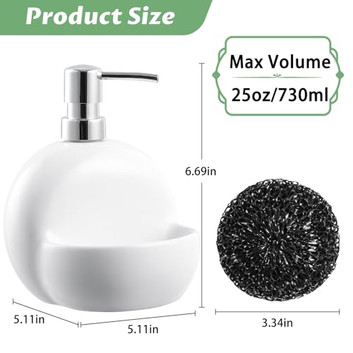 RQYIXI Round Ceramic Dish Soap Dispenser with Sponge Holder, White, 15 Oz | caddy kitchen sink organizer mesh scrubber refillable pump countertop lotion bathroom vanity - color: Round White