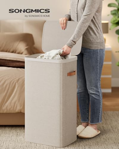 SONGMICS Laundry Basket, 26.4 Gal. Laundry Hamper, Easy Assembly, with Lid and Handles, Removable Liner, 16.5 x 12.6 x 29.5 Inches, Cappuccino Beige ULCB811LH01 - color: Cappuccino Beige, size: 100 L (1-Section)