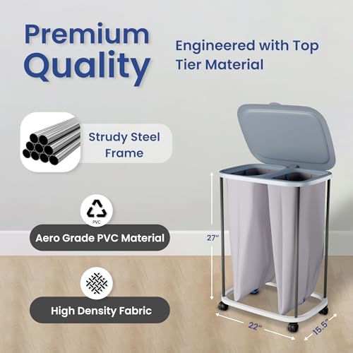 Dual Section 90L Laundry Basket with Wheels and Lid – Tall divided Double Laundry Hamper with 2 Removable Washable Bags, Large Laundry Sorter for Easy Clothes Separation