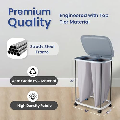 Dual Section 90L Laundry Basket with Wheels and Lid – Tall divided Double Laundry Hamper with 2 Removable Washable Bags, Large Laundry Sorter for Easy Clothes Separation