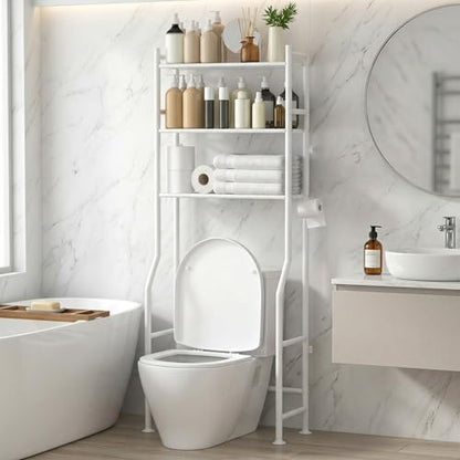 GloTika 3-Tier Over Toilet Storage, Anti-Tilt, 64" H, White | Anti-Tilt Safety System, 150lb Capacity, Carbon Steel, Freestanding, No Drilling, Anti-Rust Coating, Paper Holder & 4 Hooks - color: White, size: 3-Tier